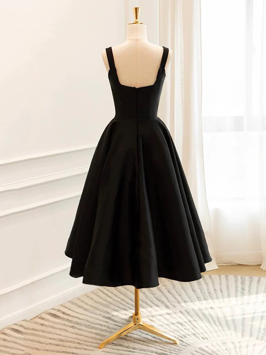 Vestido de fiesta corto de satén negro, sencillo, corte A, TP784