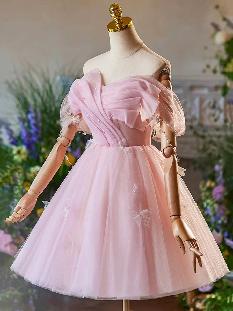 Vestido de fiesta de tul rosa hasta la rodilla, corte A, precioso vestido de fiesta con hombros descubiertos TP797