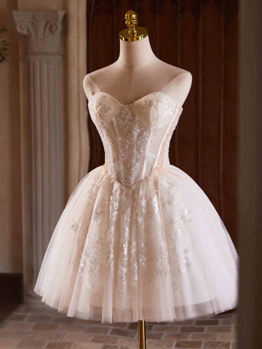 Champagne Strapless Tulle Sequins Short Prom Dress, Lovely Sweetheart Homecoming Party Dress TP816