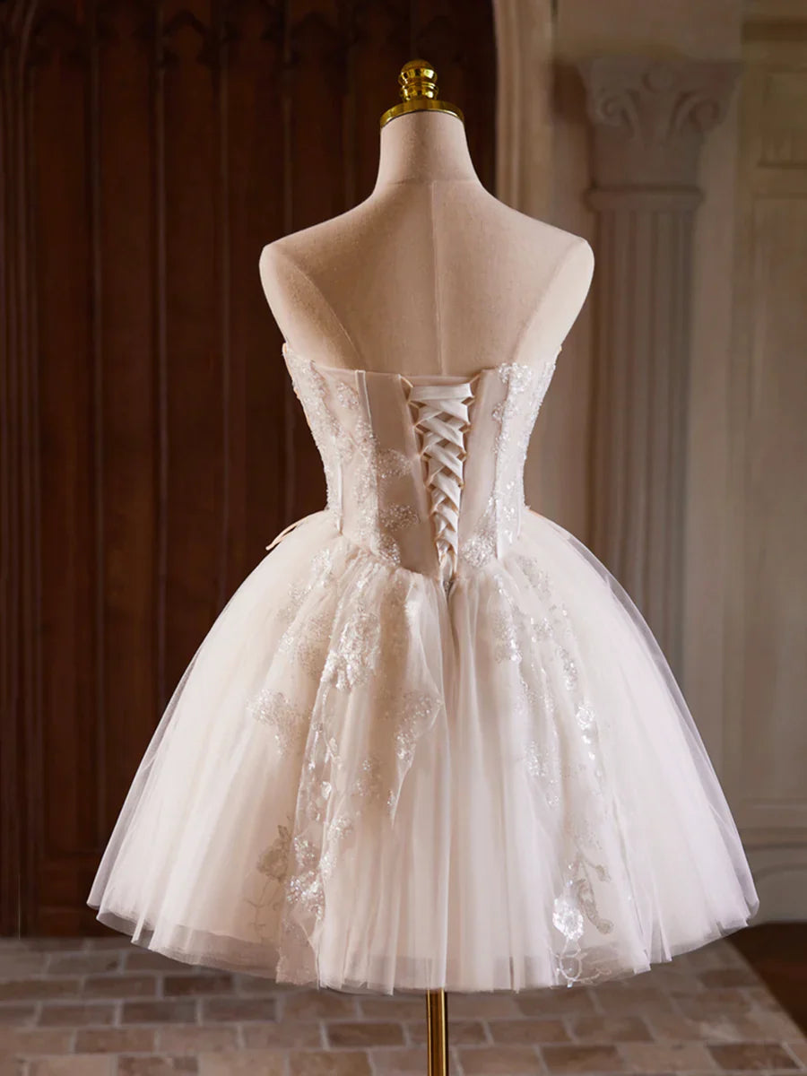 Champagne Strapless Tulle Sequins Short Prom Dress, Lovely Sweetheart Homecoming Party Dress TP816