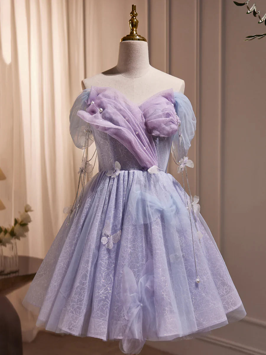 Vestido formal de tul morado hasta la rodilla para fiesta de cumpleaños, con hombros descubiertos, vestido de fiesta morado TP833