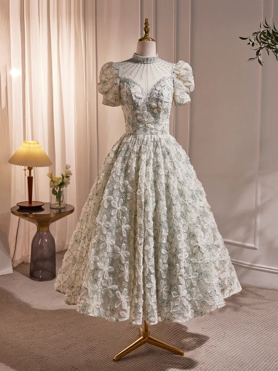 Hermoso vestido de fiesta verde salvia con lentejuelas y perlas, escote alto y largo hasta la rodilla TP836
