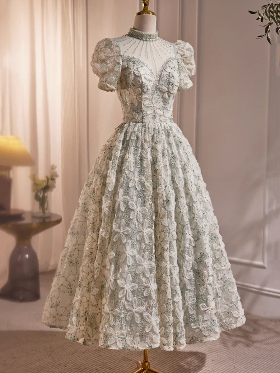 Hermoso vestido de fiesta verde salvia con lentejuelas y perlas, escote alto y largo hasta la rodilla TP836