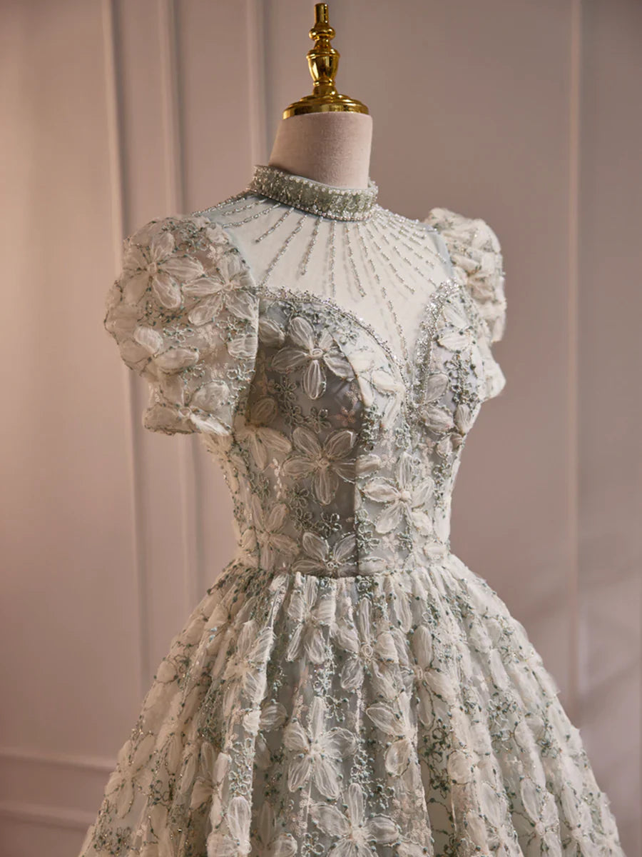 Hermoso vestido de fiesta verde salvia con lentejuelas y perlas, escote alto y largo hasta la rodilla TP836