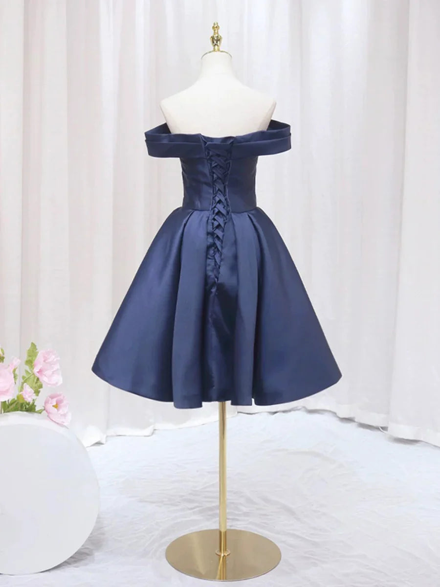 Blue V-neckline Satin Off Shoulder Party Dress, A-Line Blue Short Evening Prom Dress TP837