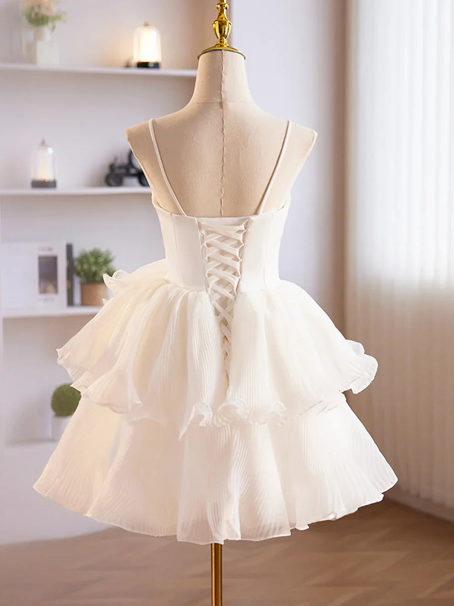 Vestido de fiesta corto de tul blanco con escote corazón y tirantes de tul blanco TP845