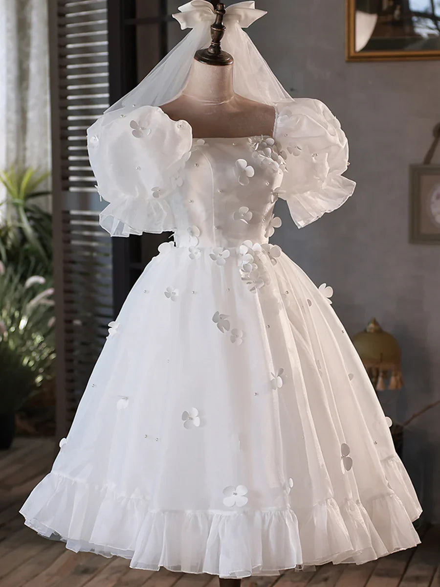 Vestido de fiesta corto de tul blanco, corte A, con mangas abullonadas, TP846