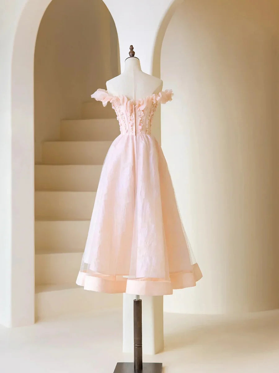 Vestido de fiesta rosa de tul con cuentas, largo hasta la rodilla, corte A, hombros descubiertos, TP848
