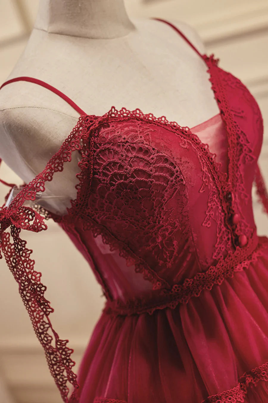 Burgundy Lace Short A-line Prom Dress, Cute Spaghetti Strap Party Dress TP873