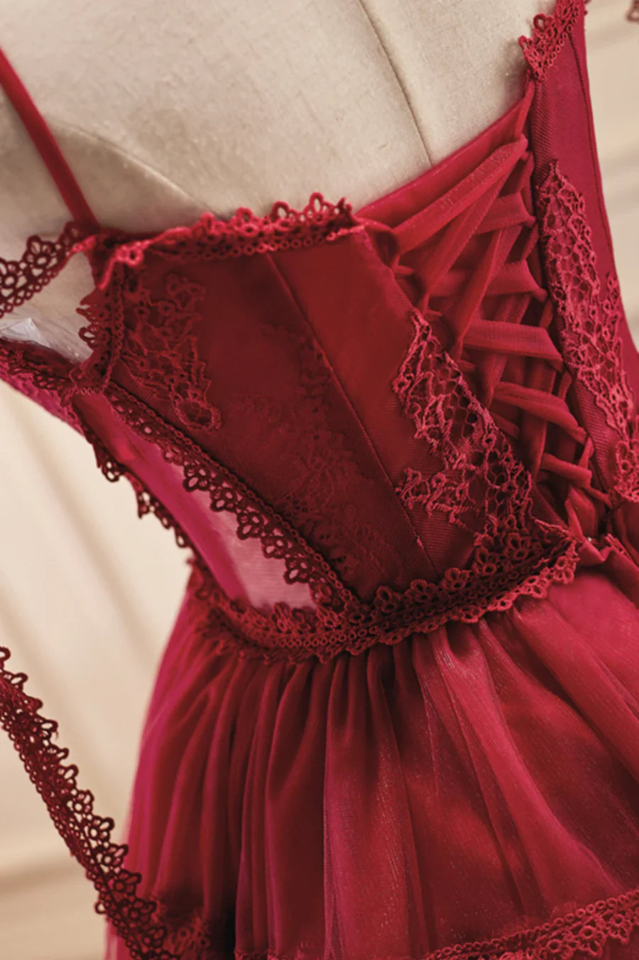 Burgundy Lace Short A-line Prom Dress, Cute Spaghetti Strap Party Dress TP873