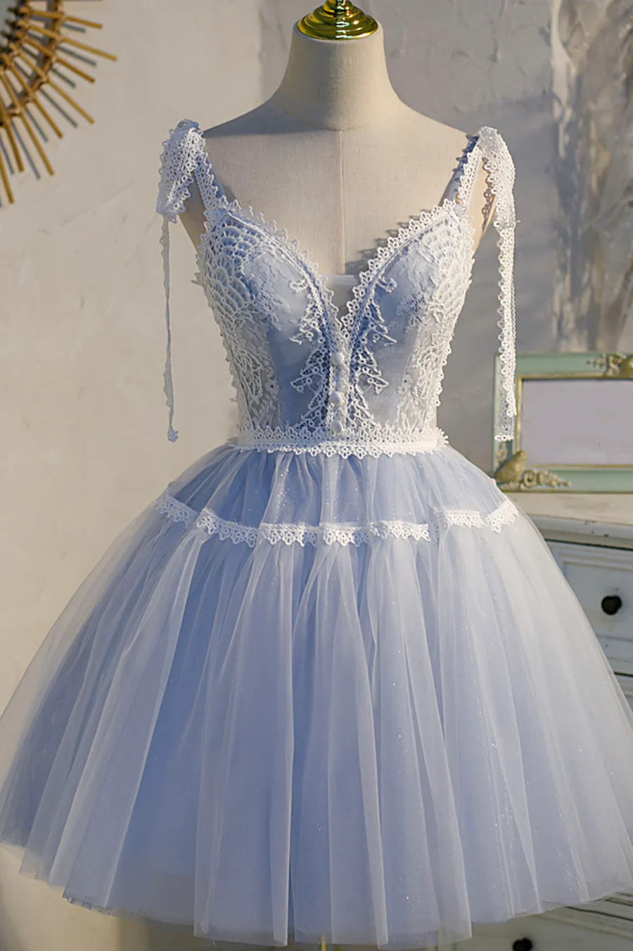 Previous Next Blue Lace Short A-Line Prom Dress, Cute Spaghetti Strap Party Dress TP890