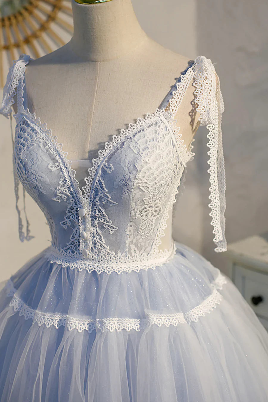 Previous Next Blue Lace Short A-Line Prom Dress, Cute Spaghetti Strap Party Dress TP890