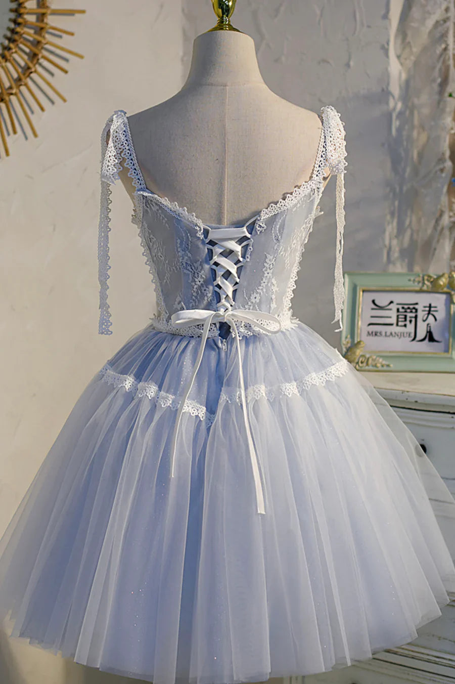 Previous Next Blue Lace Short A-Line Prom Dress, Cute Spaghetti Strap Party Dress TP890