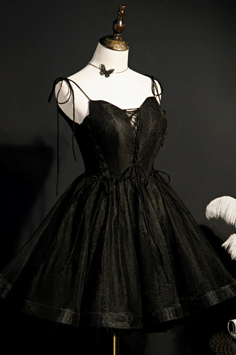 Black Tulle Short Prom Dress, Lovely A-Line Spaghetti Strap Party Dress TP901