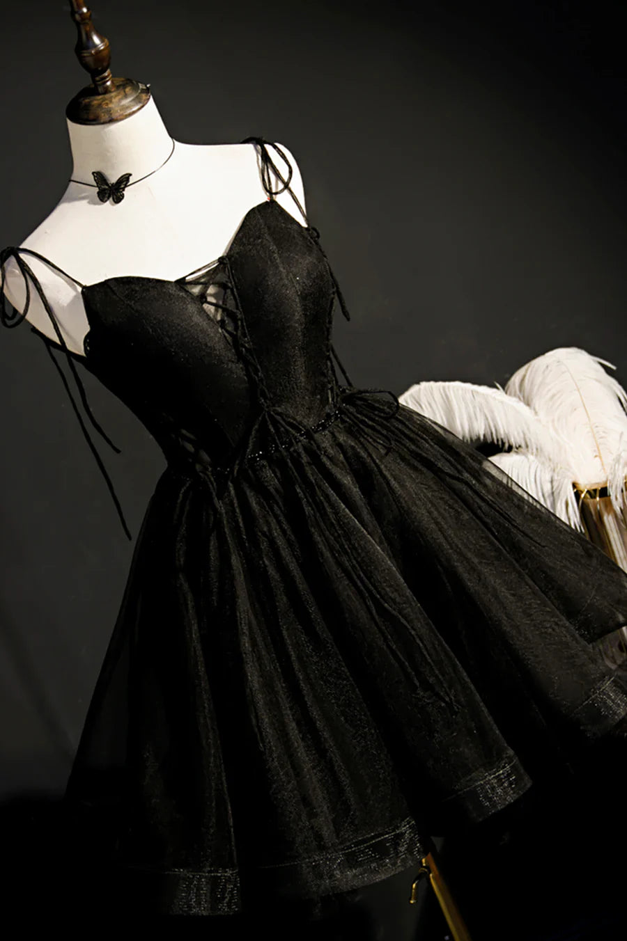 Black Tulle Short Prom Dress, Lovely A-Line Spaghetti Strap Party Dress TP901