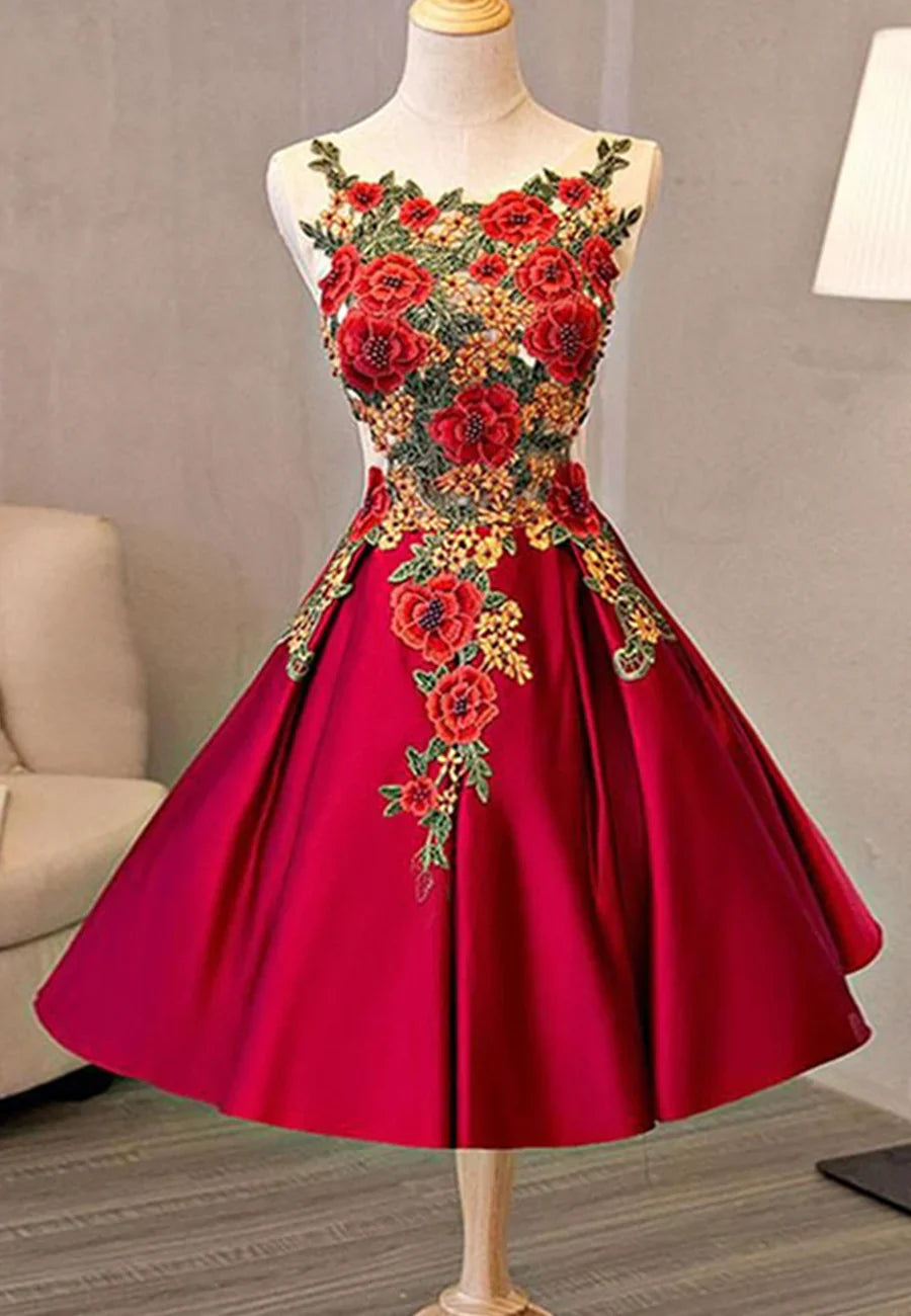 Vestidos de fiesta cortos de encaje de satén, corte A, TP922