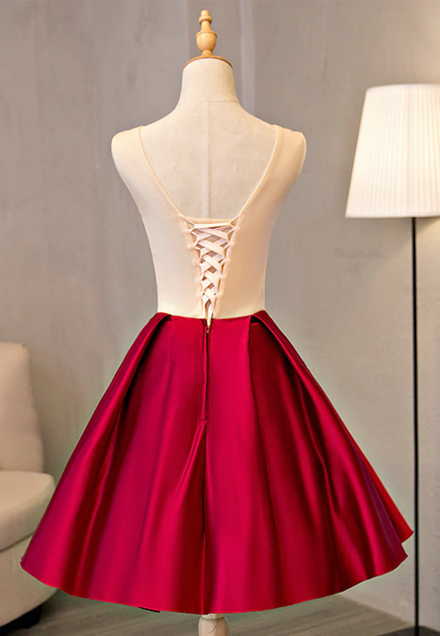 Vestidos de fiesta cortos de encaje de satén, corte A, TP922