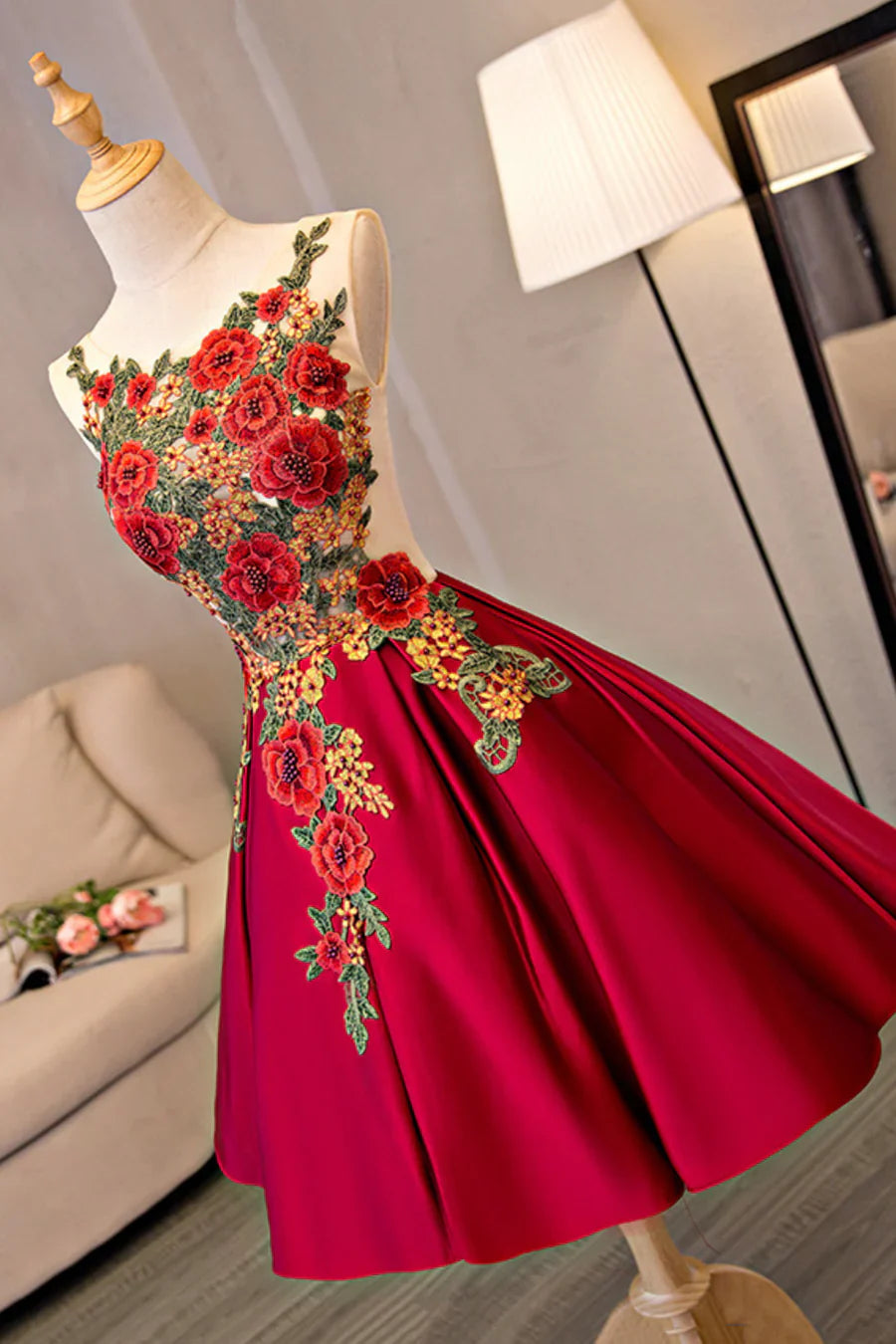 Vestidos de fiesta cortos de encaje de satén, corte A, TP922