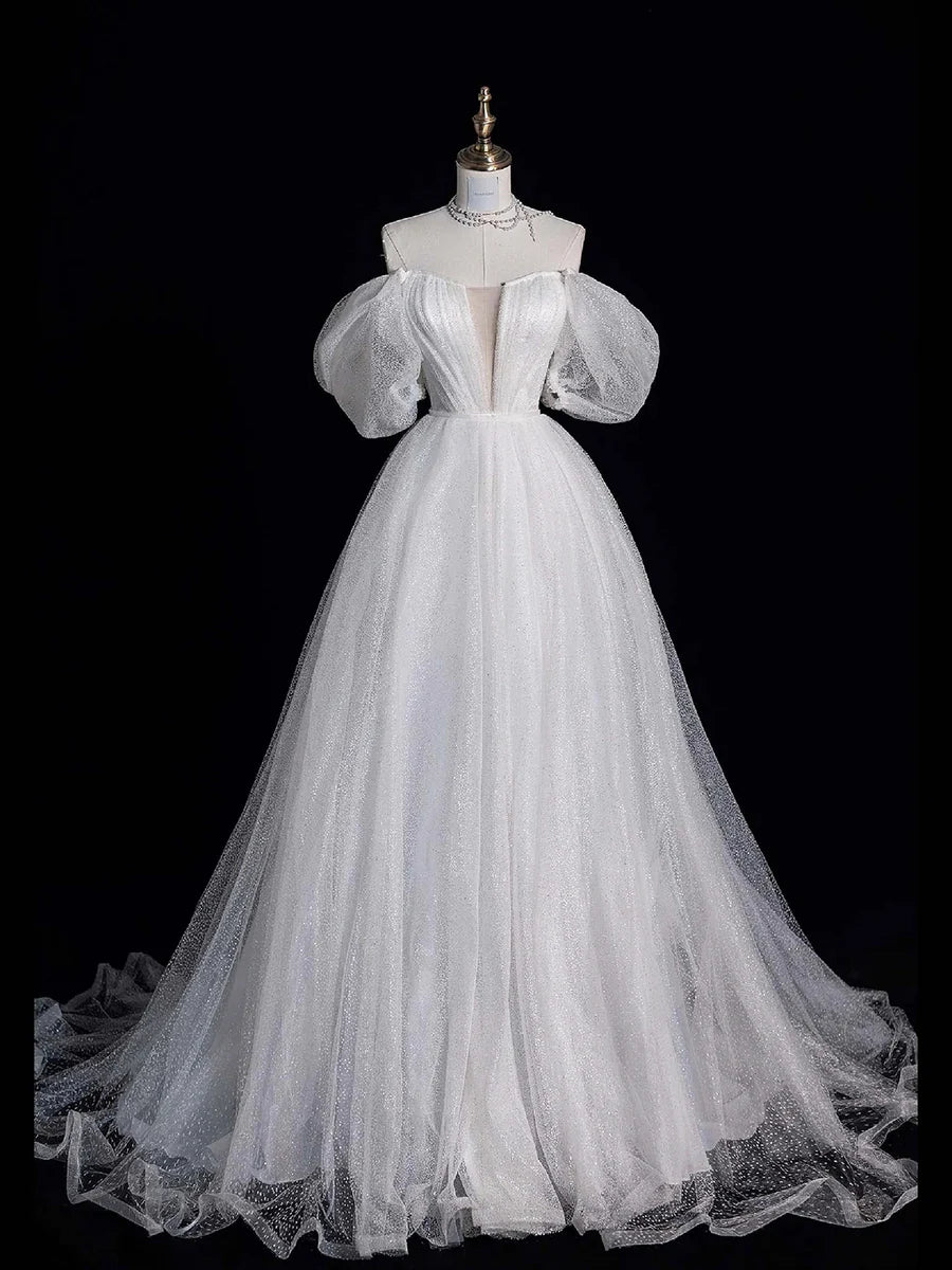 Vestido de fiesta largo de tul blanco, hombros descubiertos, manga corta, vestido formal de noche TP938