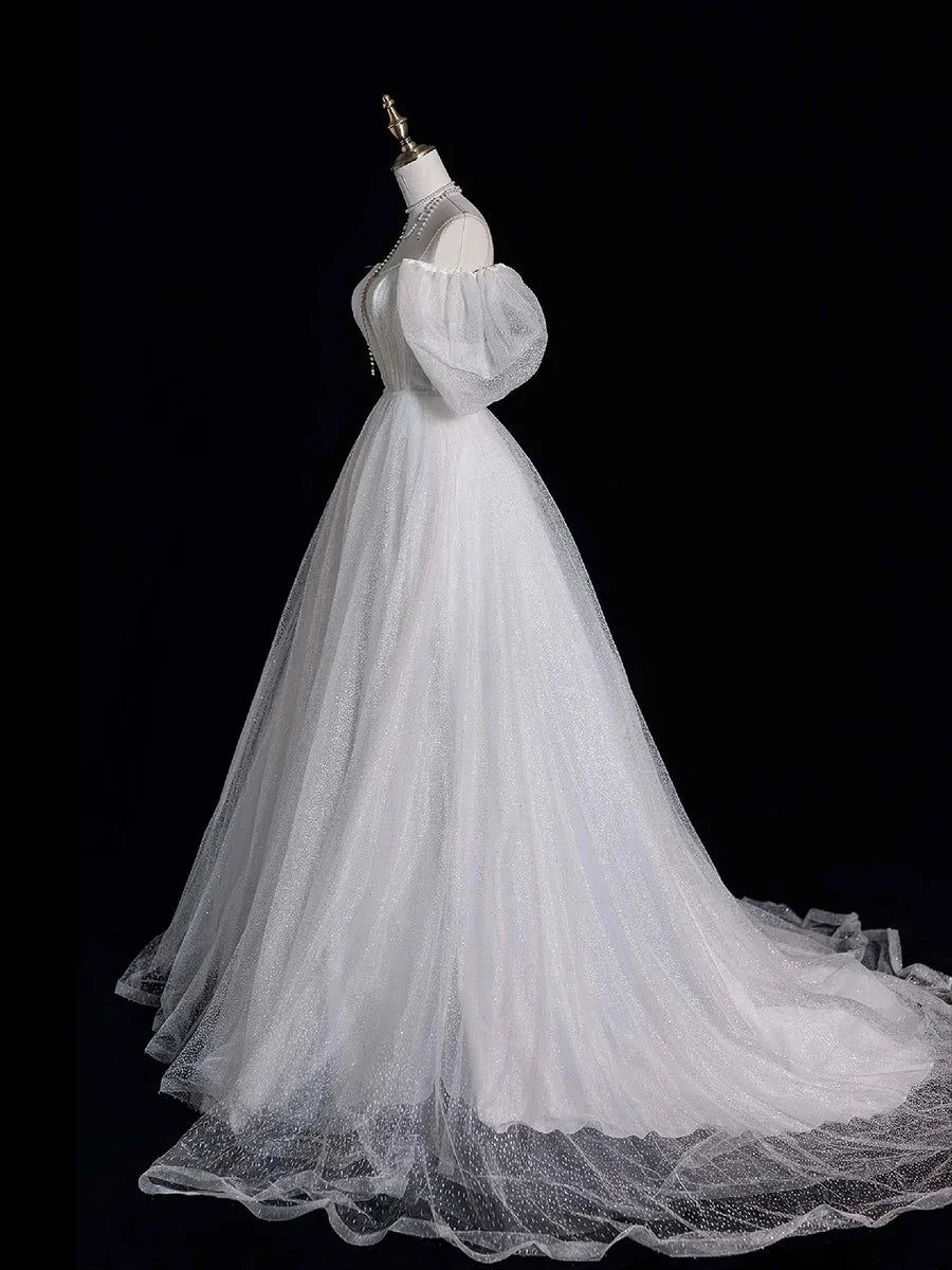 Vestido de fiesta largo de tul blanco, hombros descubiertos, manga corta, vestido formal de noche TP938
