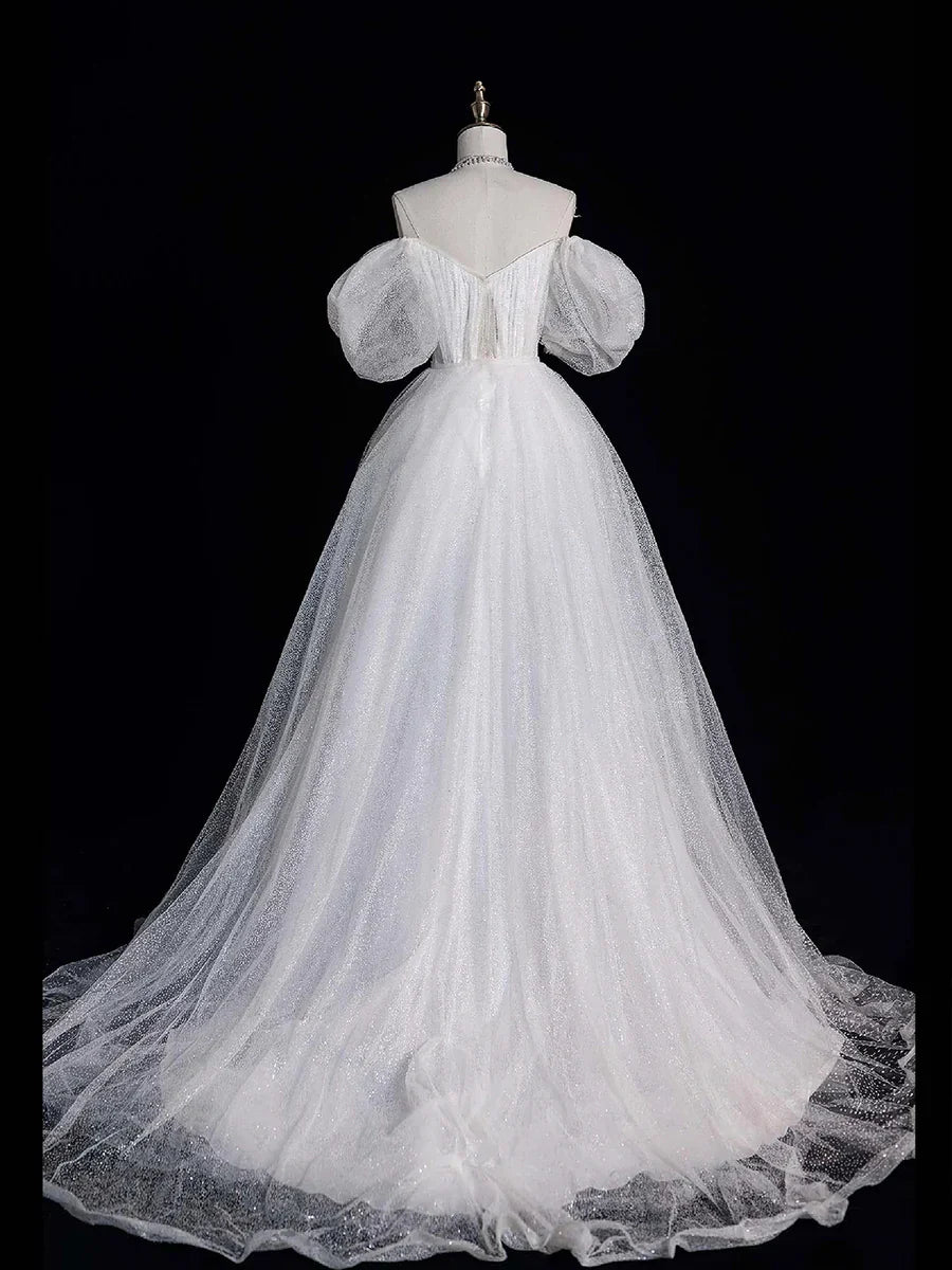 Vestido de fiesta largo de tul blanco, hombros descubiertos, manga corta, vestido formal de noche TP938