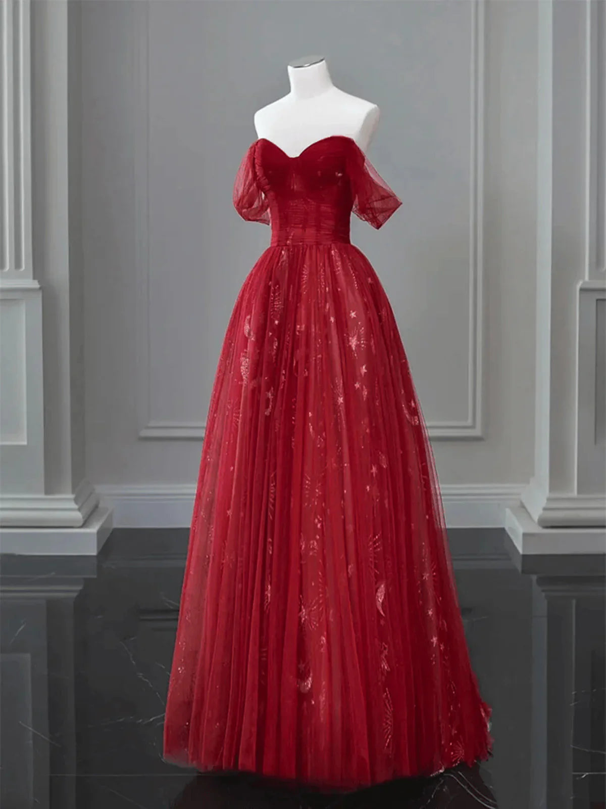 Vestido de fiesta de tul rojo vino con escote en forma de A y escote corazón, vestido de fiesta de tul rojo vino TP968