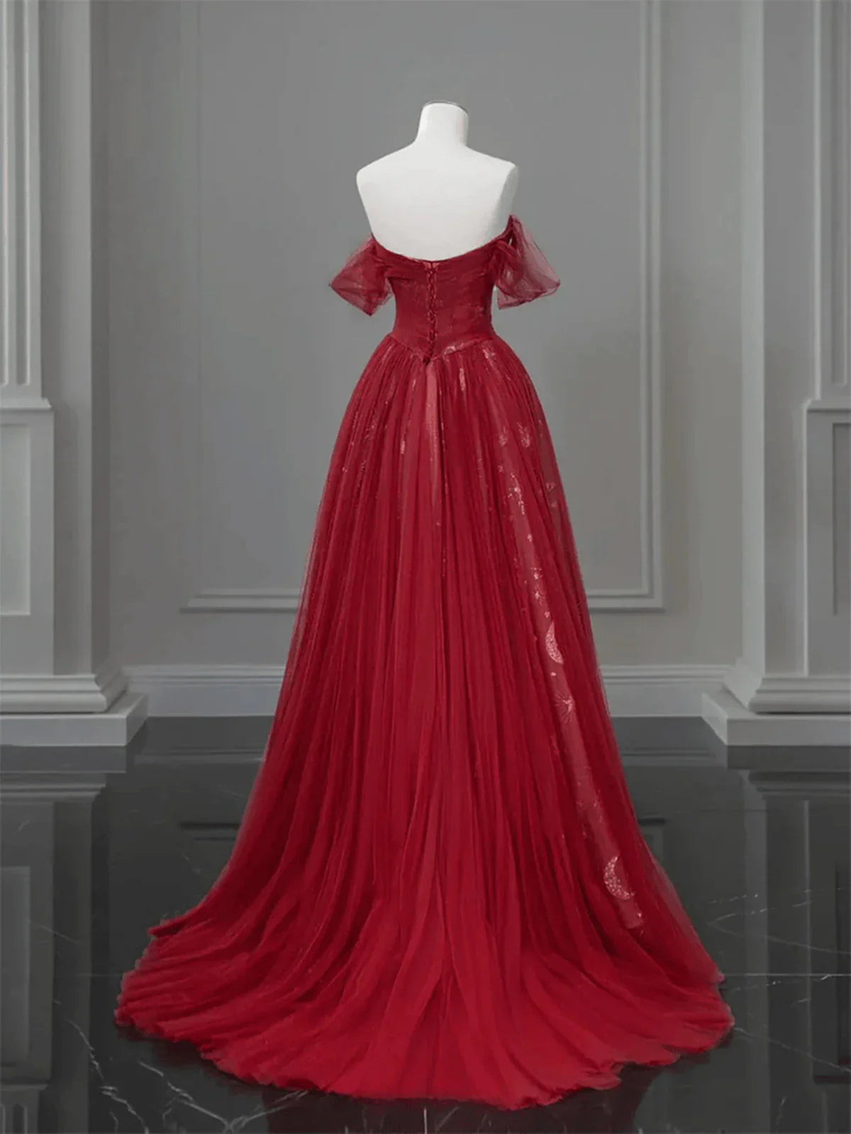 Vestido de fiesta de tul rojo vino con escote en forma de A y escote corazón, vestido de fiesta de tul rojo vino TP968