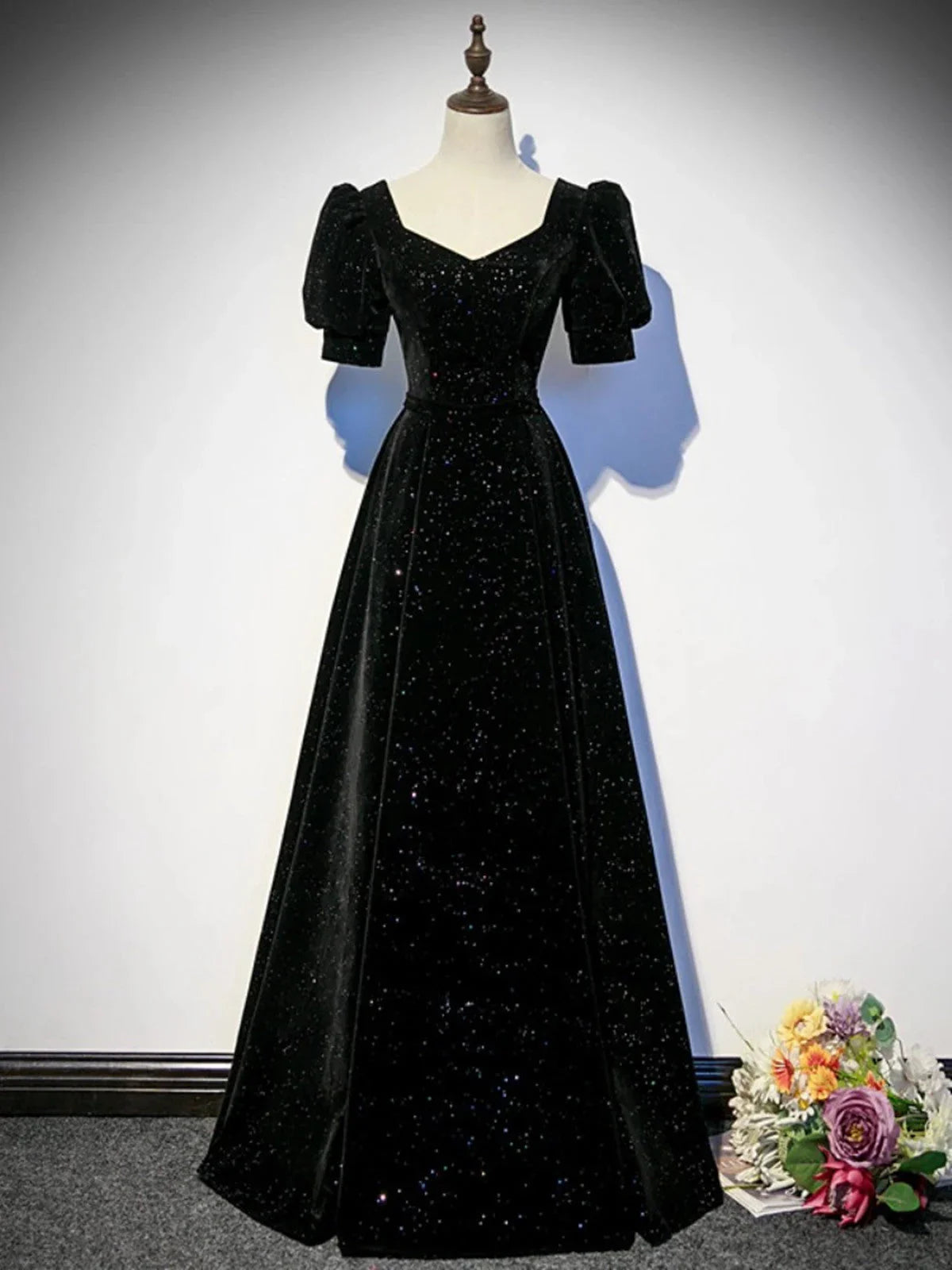 Black A-line Velvet Long Prom Dress Party Dress, Black Short Sleeves Prom Dress TP981