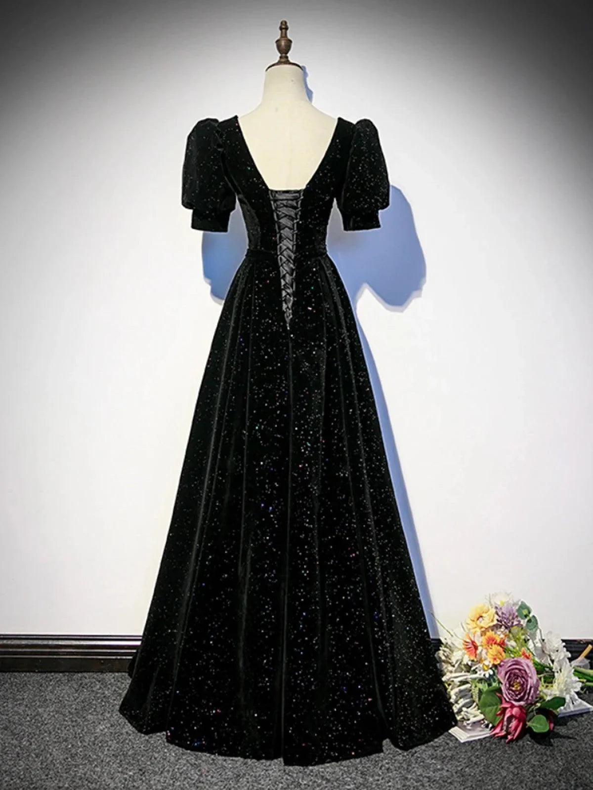Black A-line Velvet Long Prom Dress Party Dress, Black Short Sleeves Prom Dress TP981