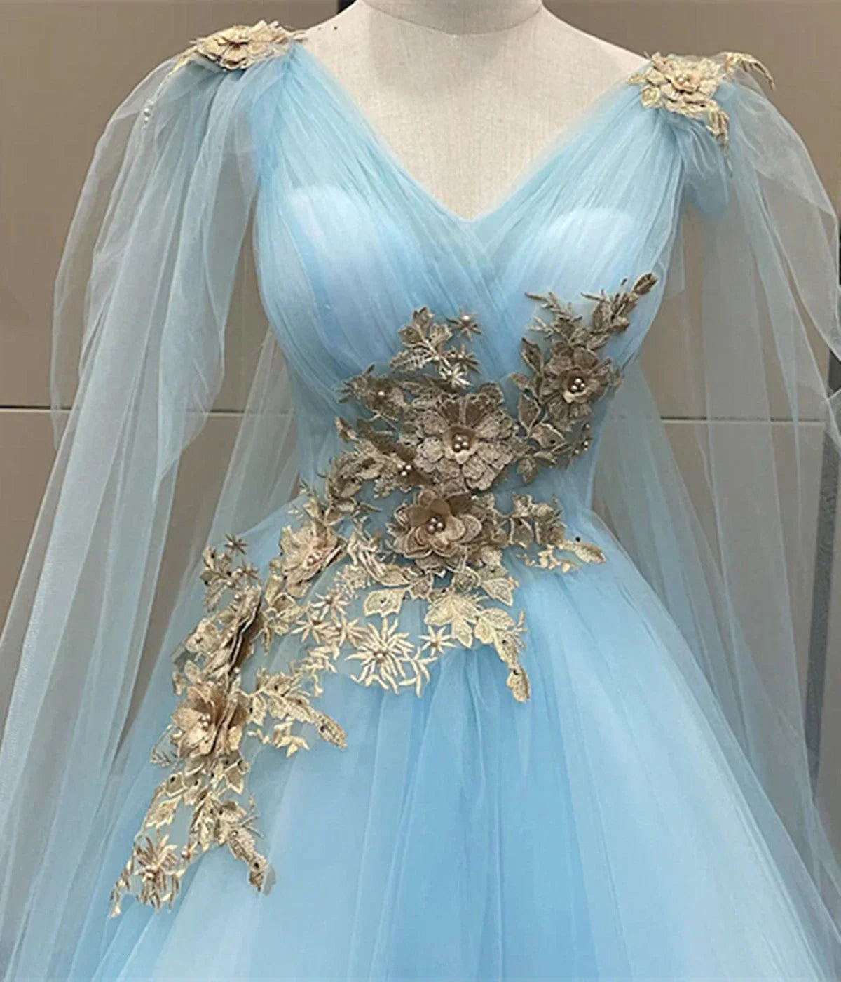 Vestido de fiesta de tul azul claro con apliques de encaje dorado, vestido de fiesta azul claro TP985