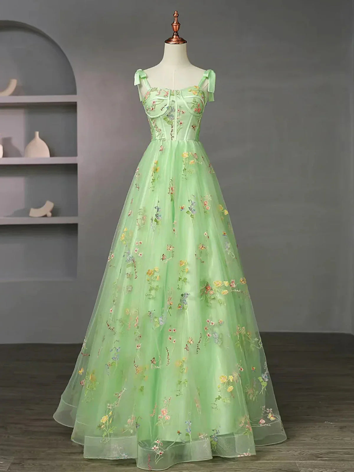 Vestido formal largo con tirantes florales de tul verde claro, vestido de fiesta verde claro TP987