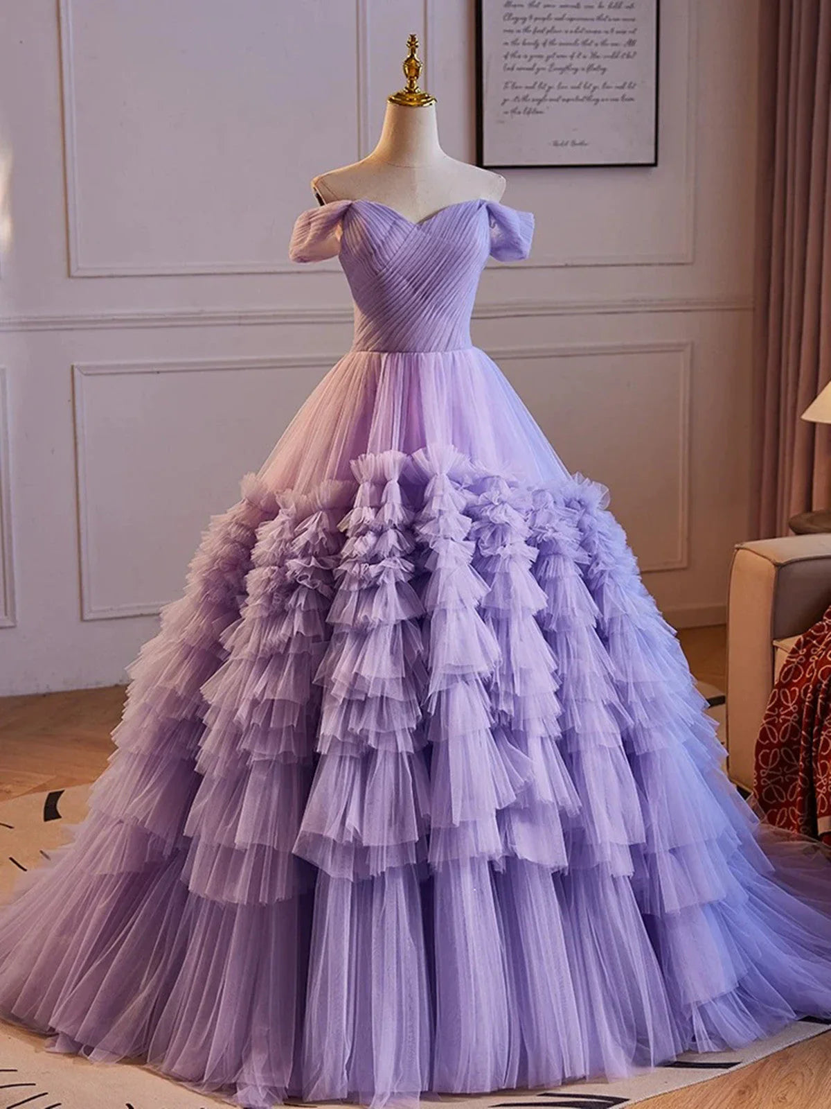Vestido morado de tul con escote corazón y hombros descubiertos para quinceañeras, vestido largo de fiesta de tul morado TP992