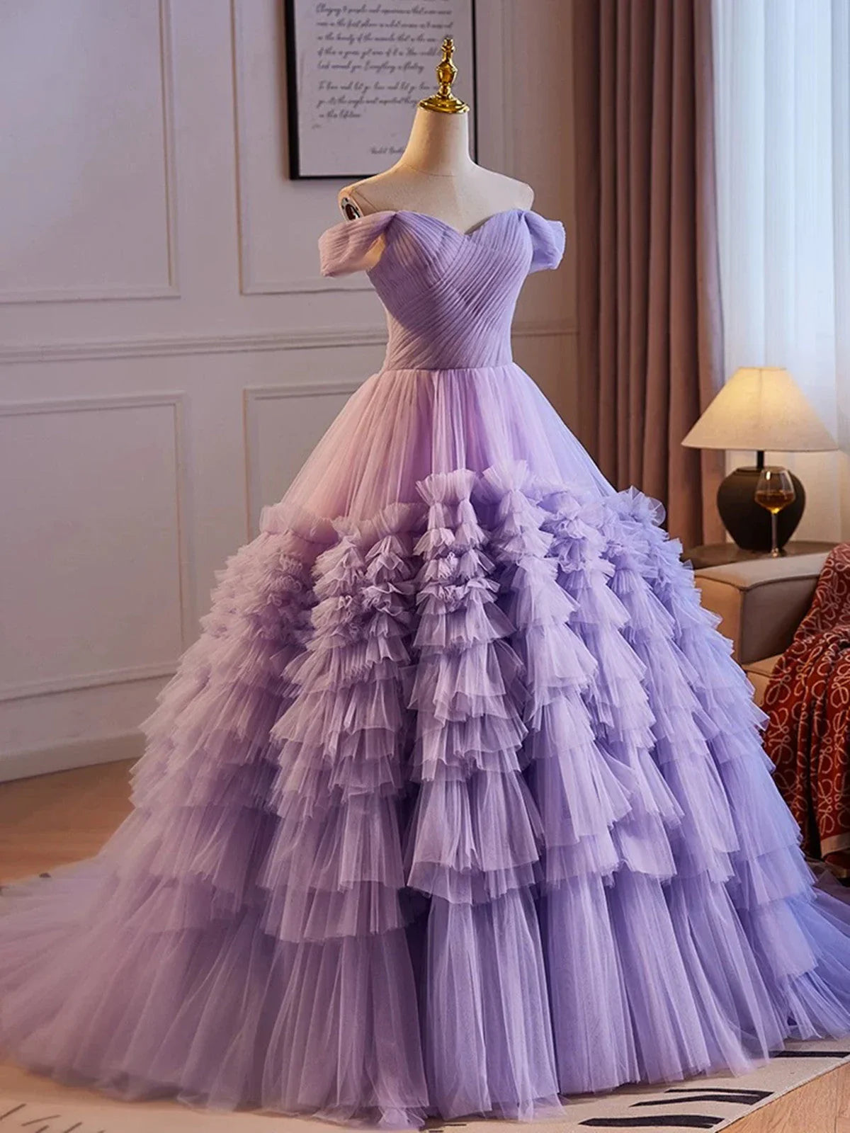 Vestido morado de tul con escote corazón y hombros descubiertos para quinceañeras, vestido largo de fiesta de tul morado TP992