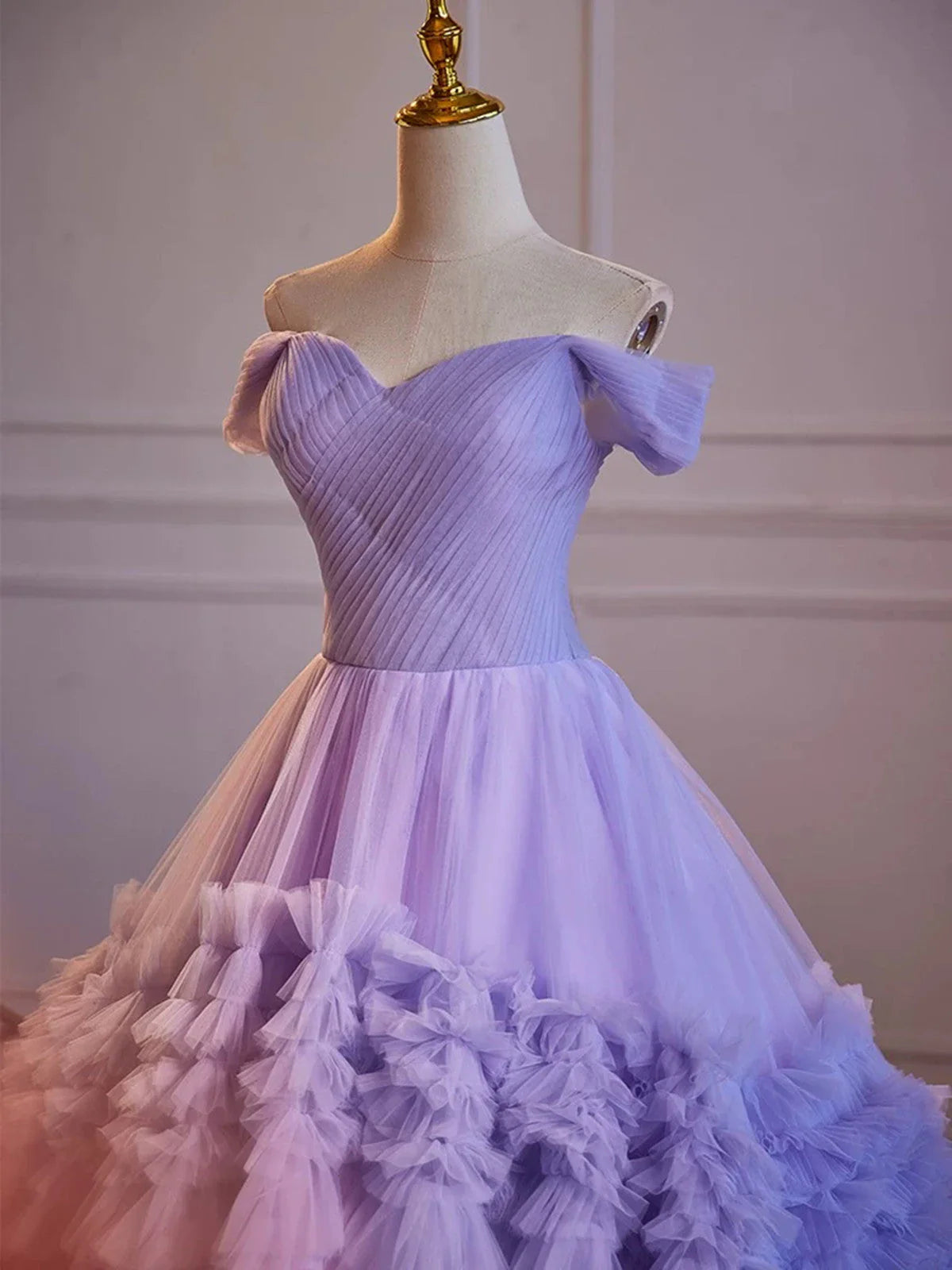 Vestido morado de tul con escote corazón y hombros descubiertos para quinceañeras, vestido largo de fiesta de tul morado TP992
