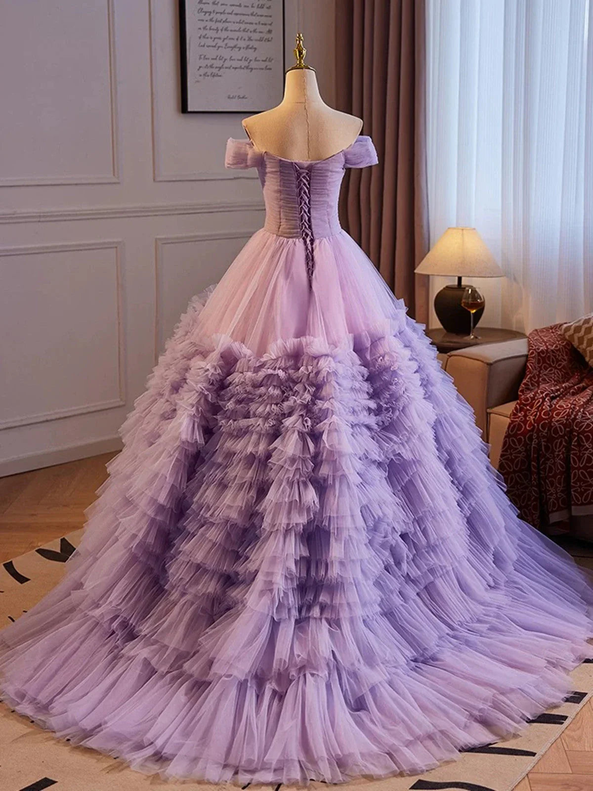 Vestido morado de tul con escote corazón y hombros descubiertos para quinceañeras, vestido largo de fiesta de tul morado TP992
