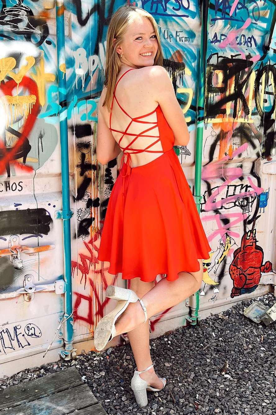 Vestido de fiesta de satén rosa neón con cordones y corte A, vestido de noche corto para fiesta