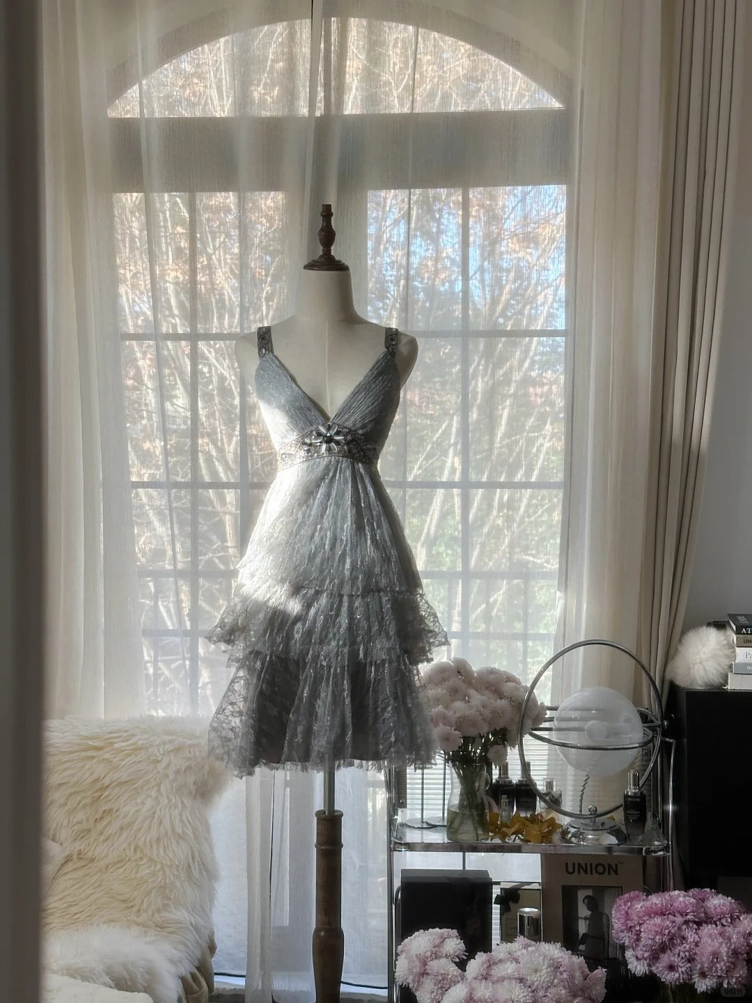 Chic Gray Beading Appliques A-line V-neck Tiered Party Dresses Homecoming Dresses, TP3783