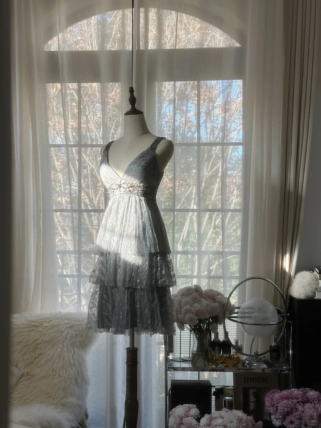 Chic Gray Beading Appliques A-line V-neck Tiered Party Dresses Homecoming Dresses, TP3783