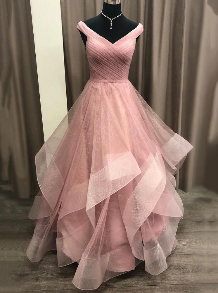 A-line Off Shoulder Tulle Long Prom Dress With Layered MP707