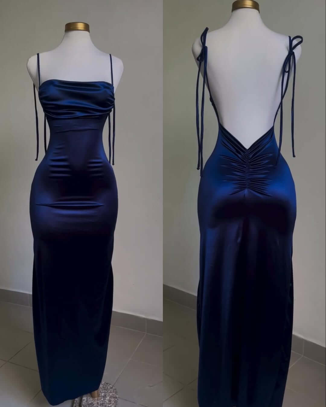 Vestido de fiesta azul marino de satén con tirantes finos y espalda descubierta para ocasiones especiales