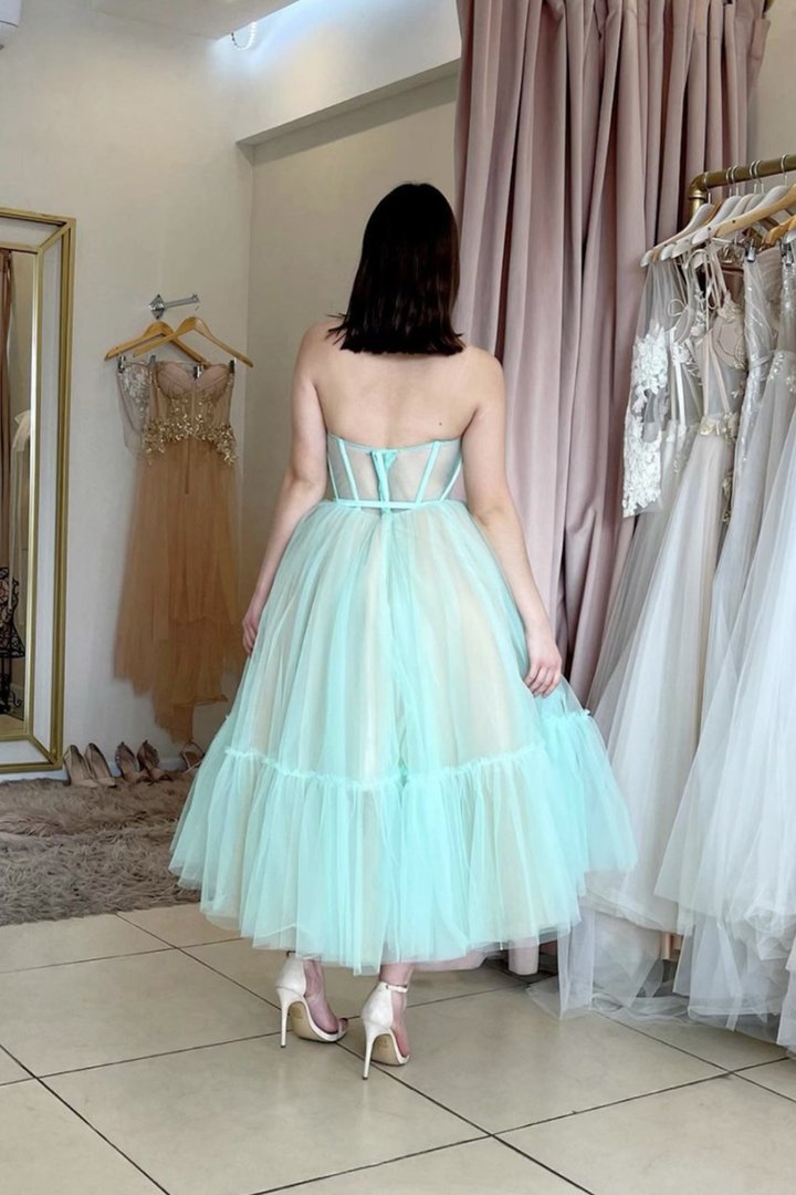 Blue tulle short A line prom dress nv06