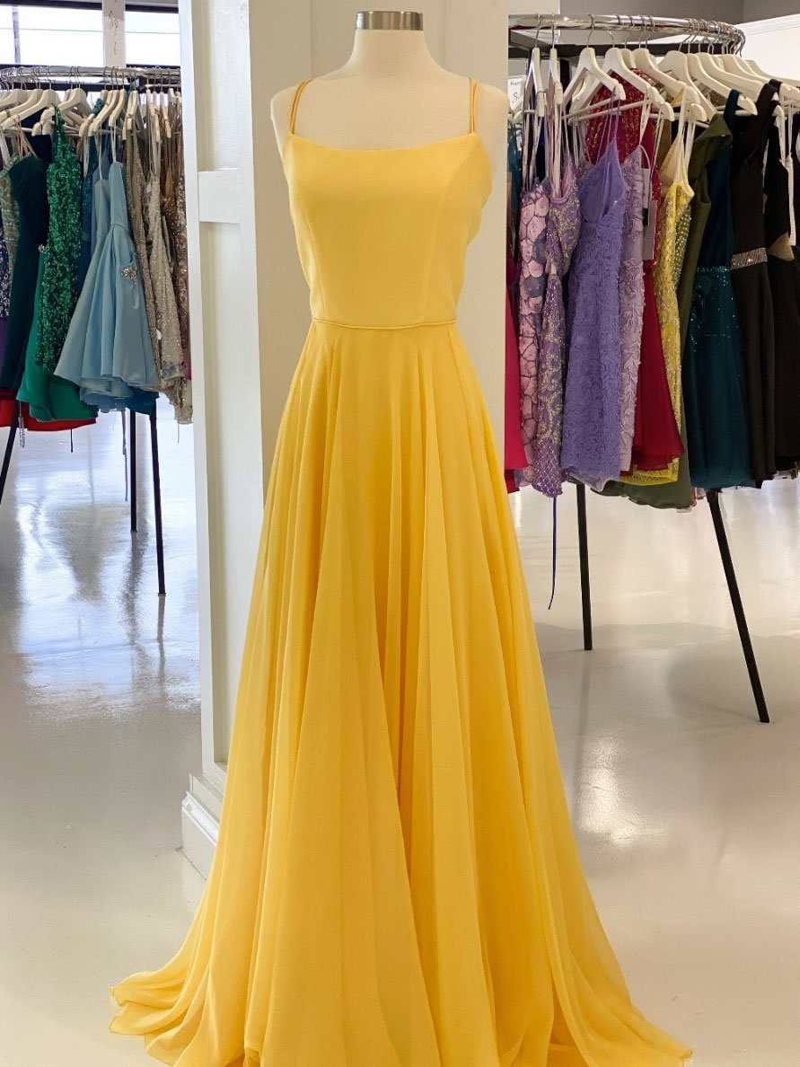 Simple yellow chiffon long prom dress, yellow formal dress nv12