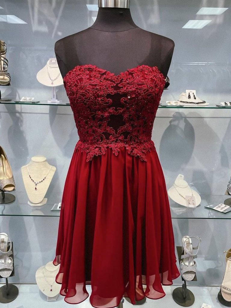 BURGUNDY SWEETHEART NECK CHIFFON LACE SHORT HOMECOMING DRESS nv13