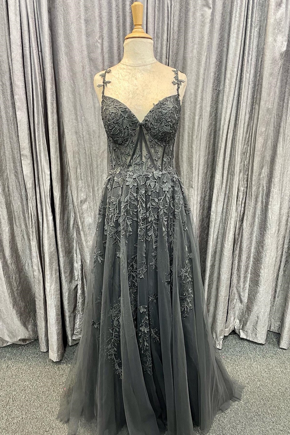 Sky Blue Lace Tulle Long Prom Dresses Off-the-Shoulder A-Line Formal Gown GP536