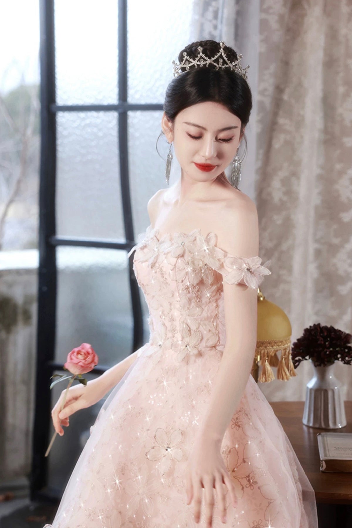 Pink Flowers Tulle Long Prom Dress, Pink A-line Evening Party Dress