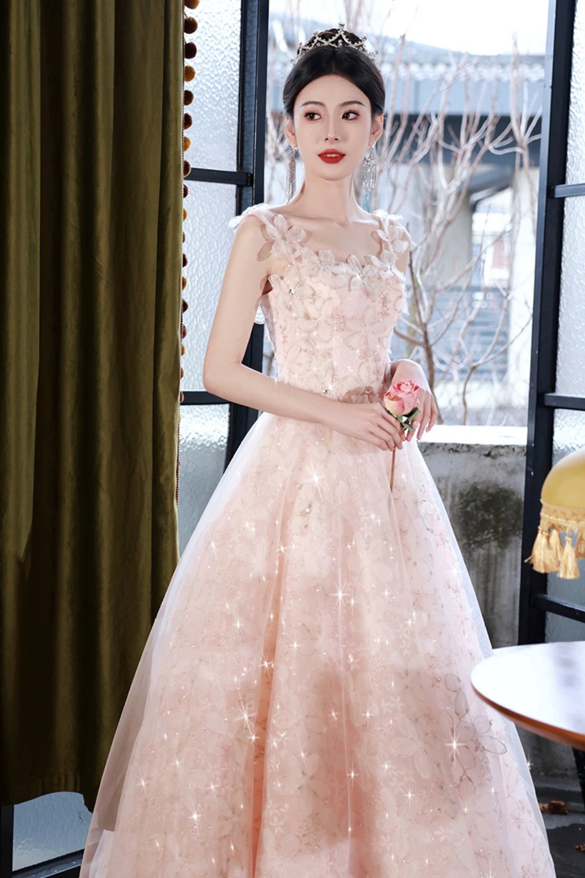 Pink Flowers Tulle Long Prom Dress, Pink A-line Evening Party Dress