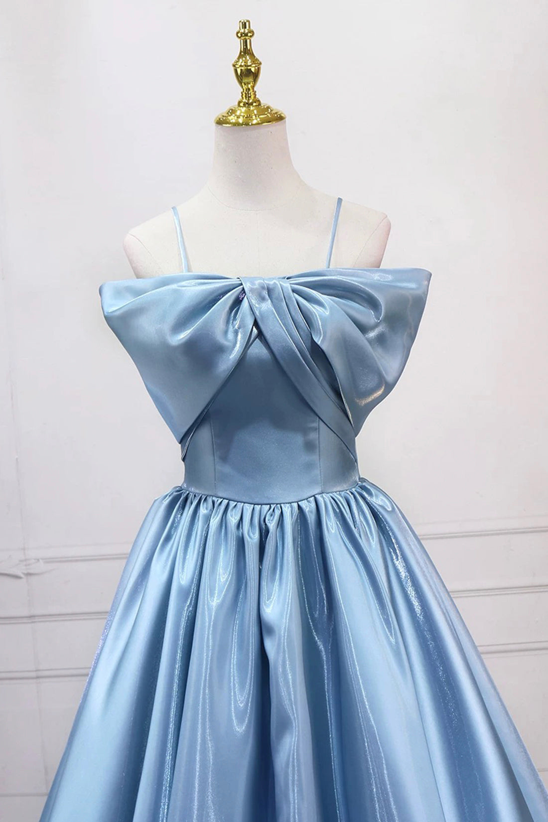 Blue Satin Long A-Line Prom Dress, Blue Spaghetti Strap Evening Party Dress