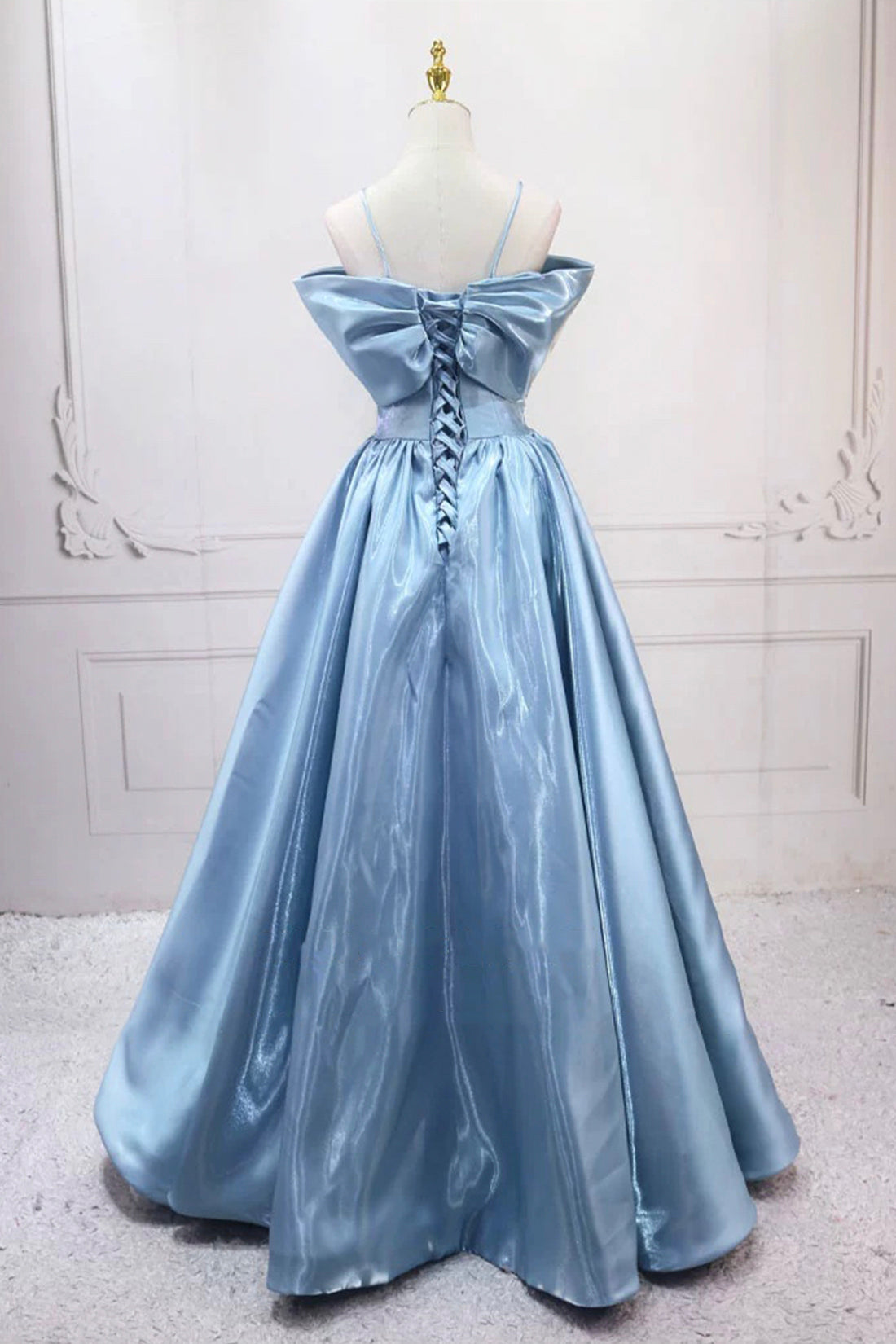 Blue Satin Long A-Line Prom Dress, Blue Spaghetti Strap Evening Party Dress