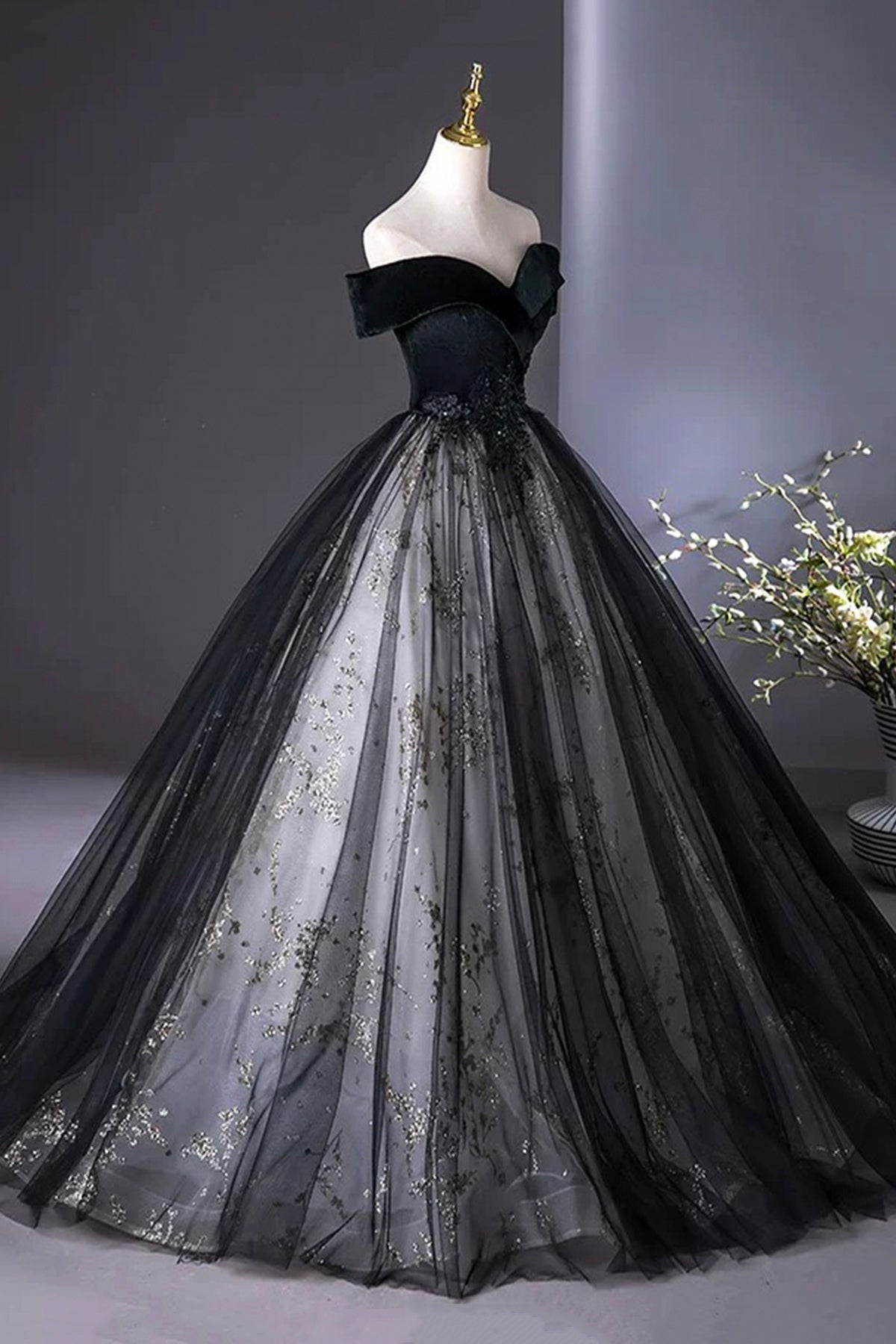 Black Velvet and Tulle Long A-Line Prom Dress, Elegant Off the Shoulder Party Dress