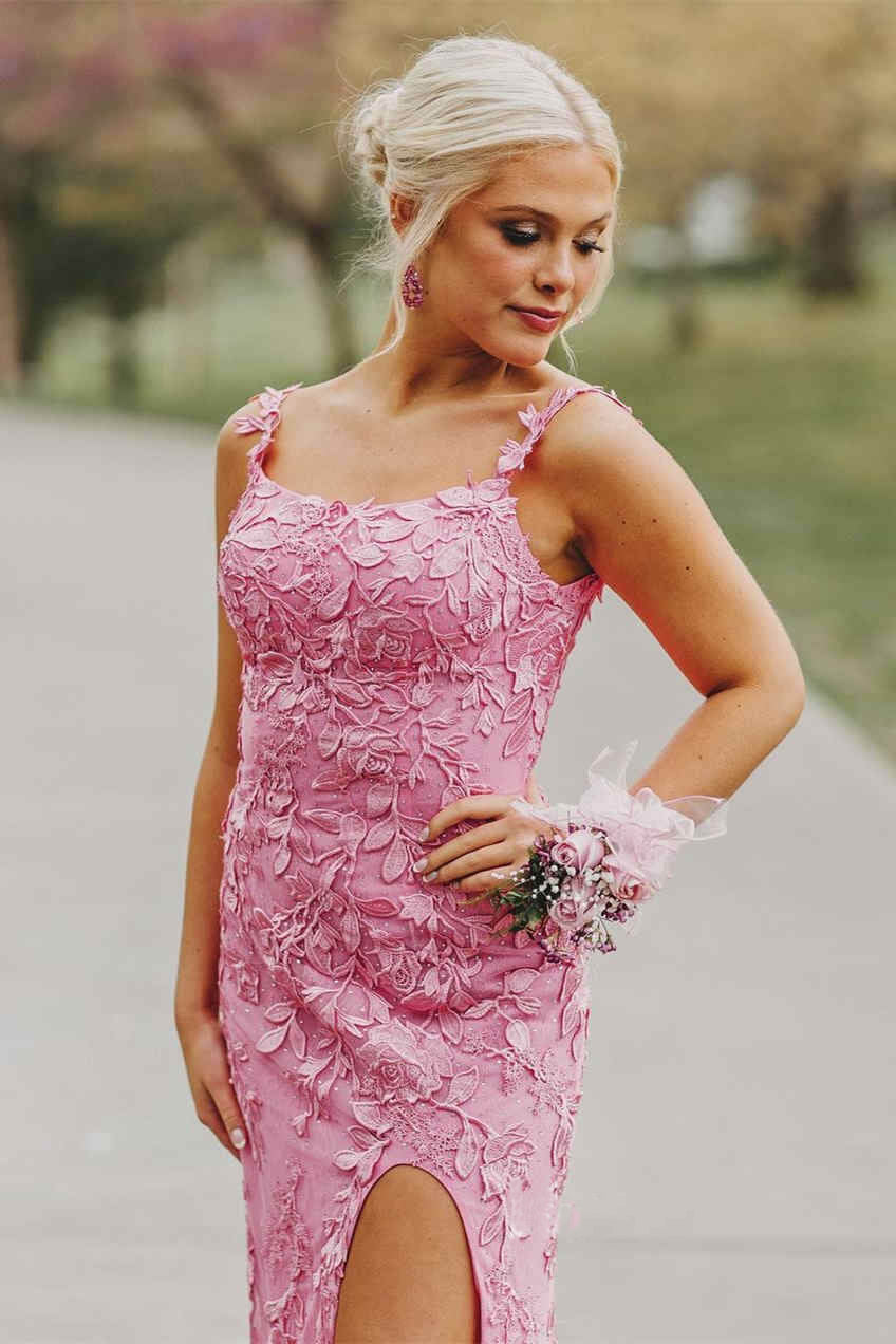 Vestido de fiesta con apliques de encaje rosa y abertura, vestido formal de sirena con tirantes finos